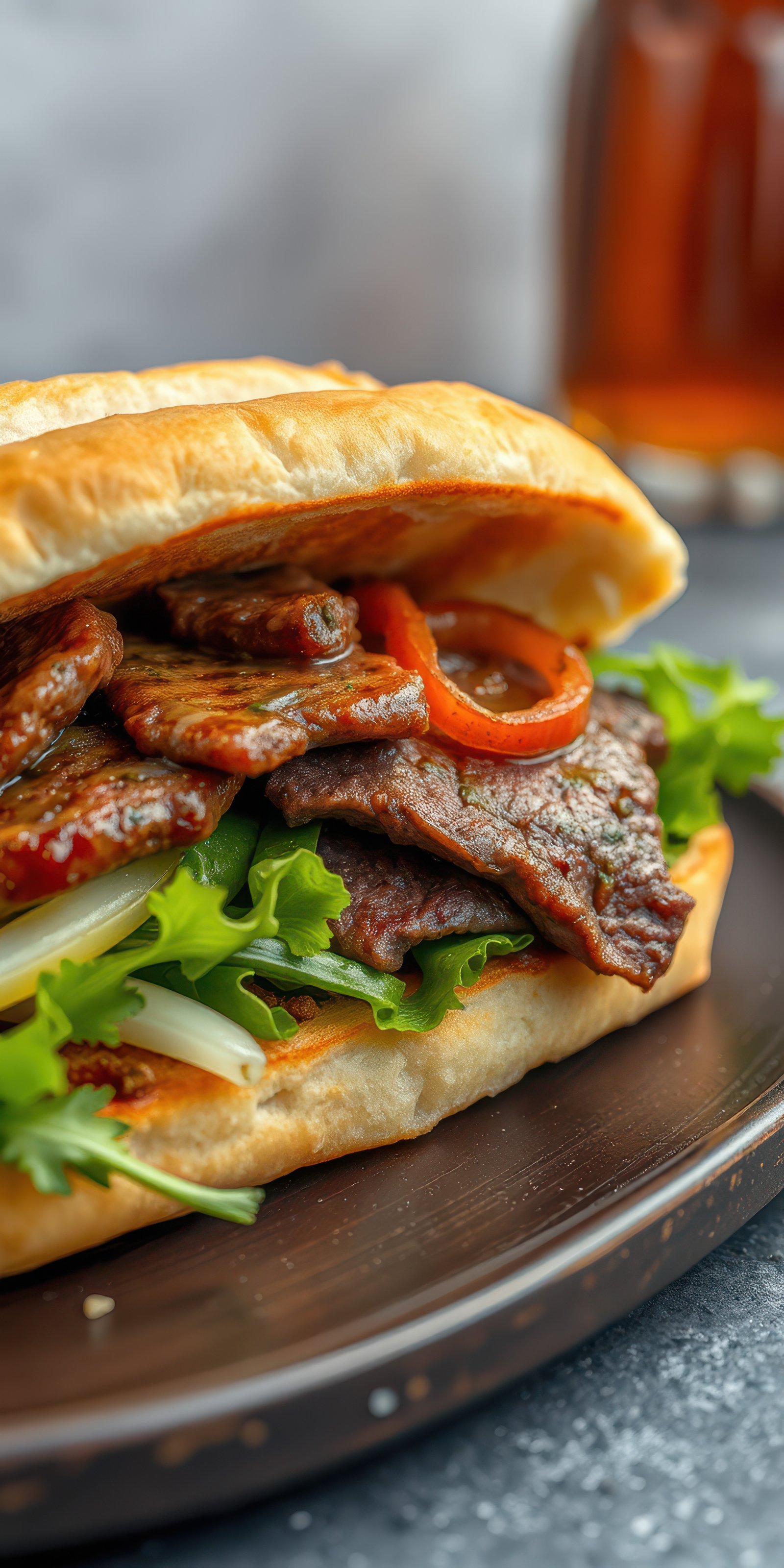 Juicy grilled beef sandwich with fresh vegetables served on a rustic plate